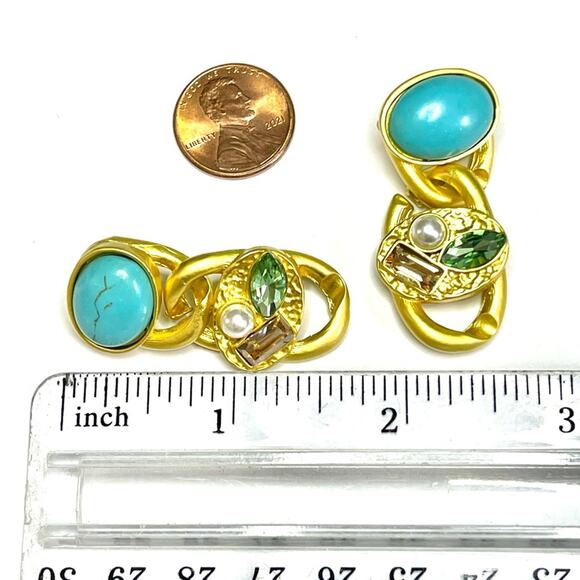 NEW Earrings Chunky Chain Blue Green Gold Dangle Drop O18 - Picture 3 of 4